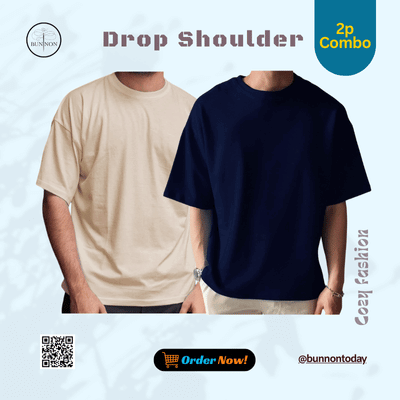 2p Combo Premium Drop Shoulder – Cream White-Navy Blue